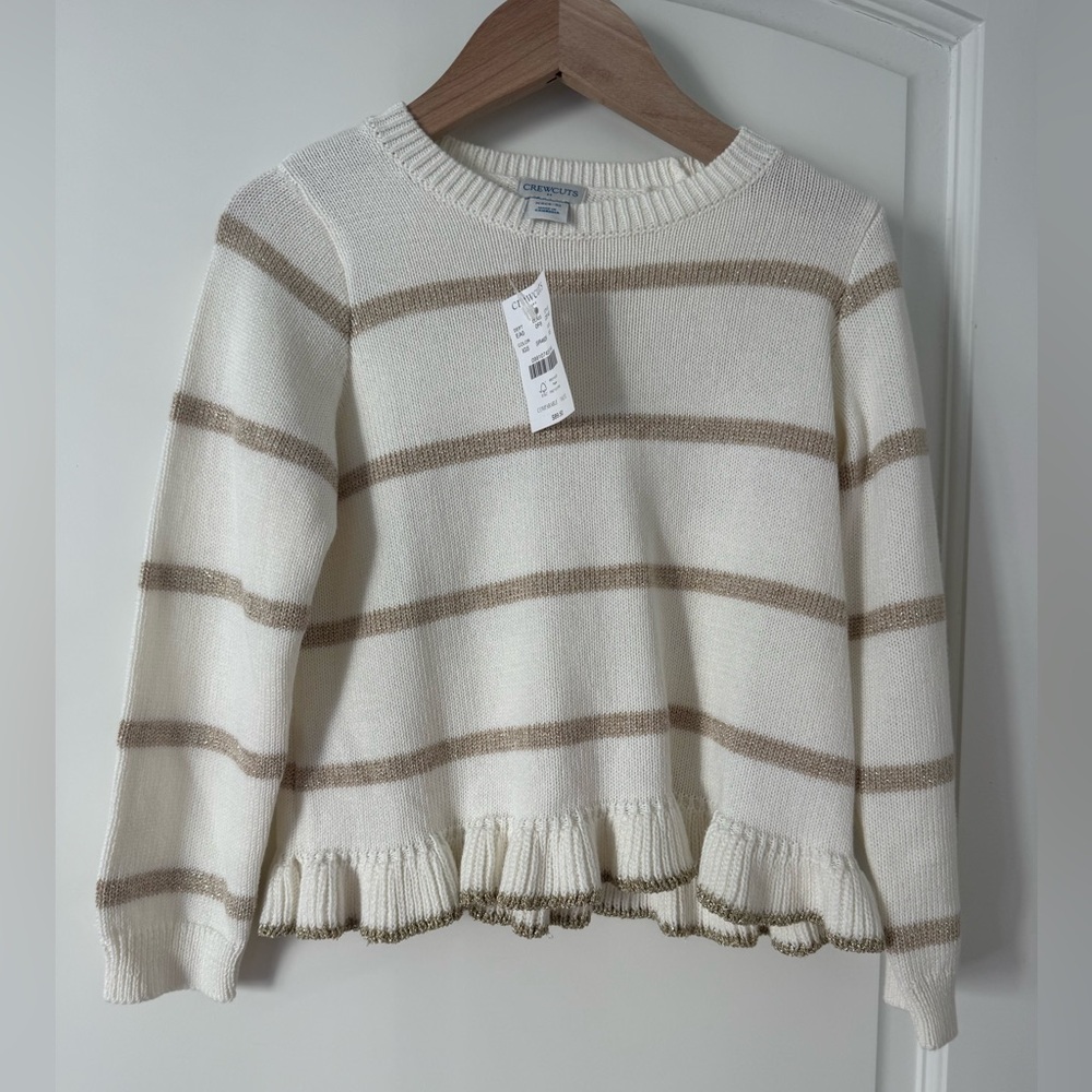 NWT Crewcuts Ivory & Gold Striped Ruffle-Hem Crewneck Sweater Kids size XS (4-5)